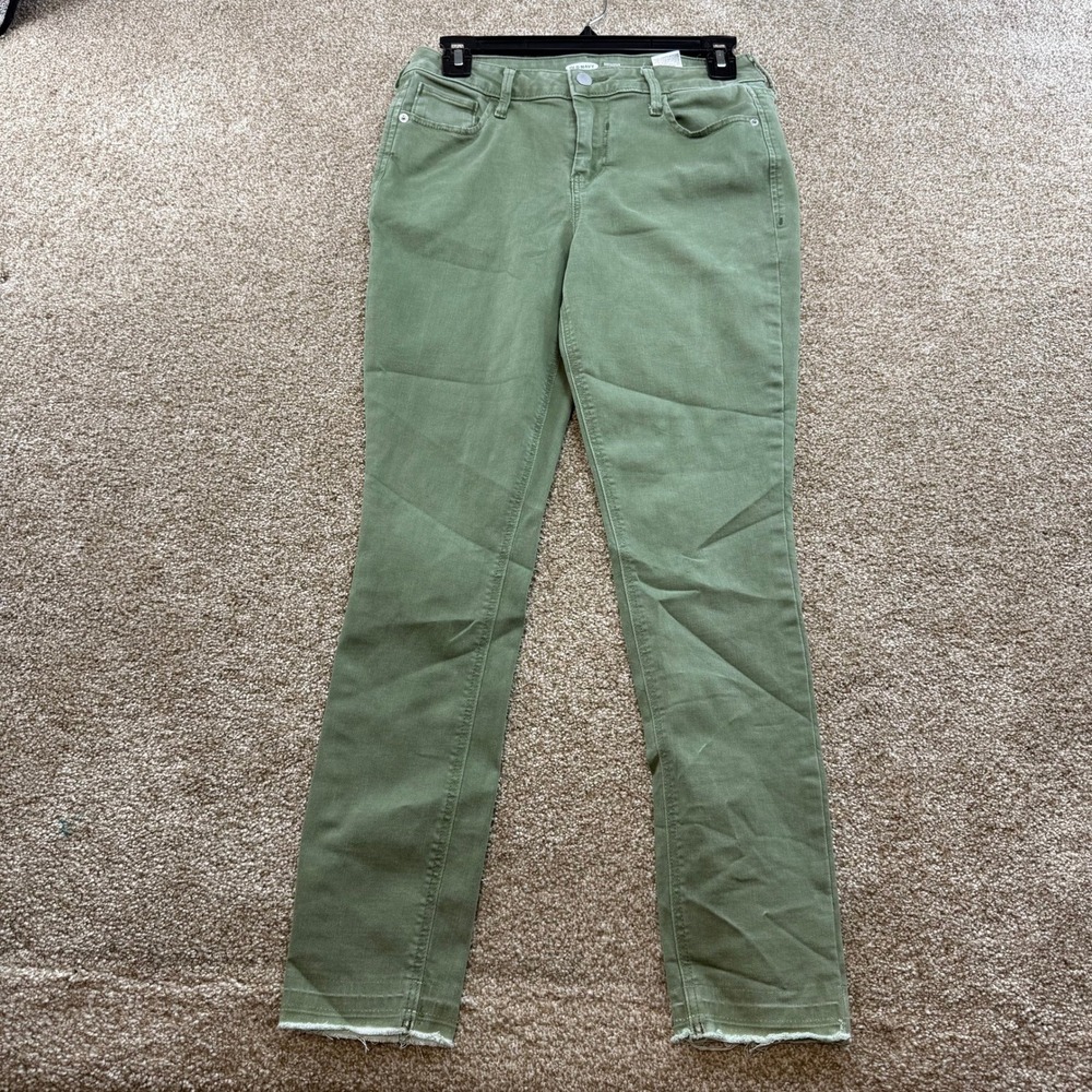 Old Navy Rockstar Super Skinny Jeans Olive Green Raw Hem 6 Mid Rise Stretch Fall